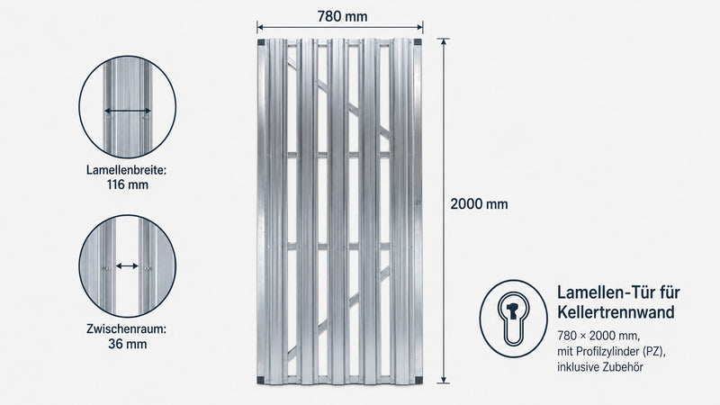 Lamellen-Tür für Kellertrennwand 780 × 2000 mm, mit Profilzylinder (PZ), inklusive Zubehör