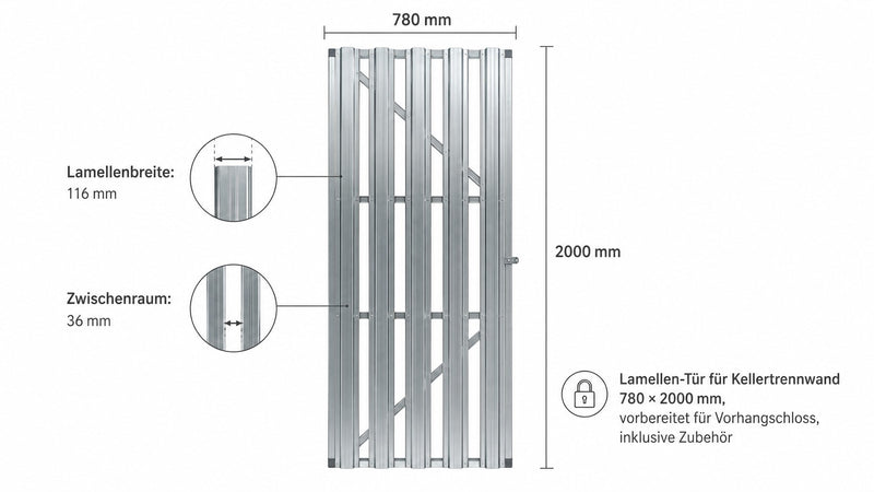 Lamellen-Tür für Kellertrennwand 780 × 2000 mm, vorbereitet für Vorhangschloss, inklusive Zubehör