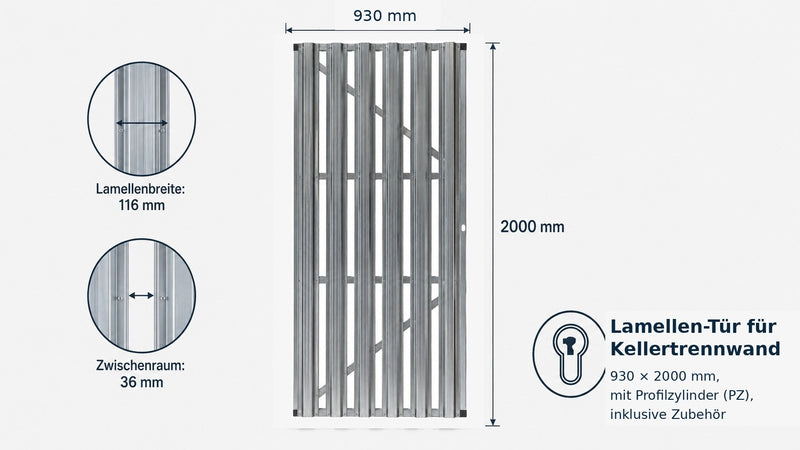 Lamellen-Tür für Kellertrennwand 930 × 2000 mm, mit Profilzylinder (PZ), inklusive Zubehör