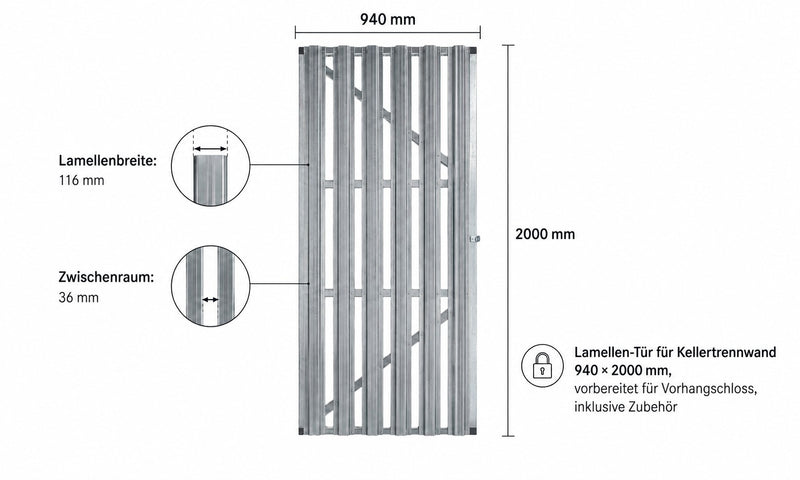 Lamellen-Tür für Kellertrennwand 930 × 2000 mm, vorbereitet für Vorhangschloss