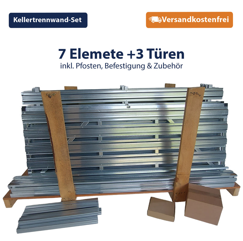Kellertrennwand-Set aus 7 Lamellen-Elementen plus 3 wählbaren Türen