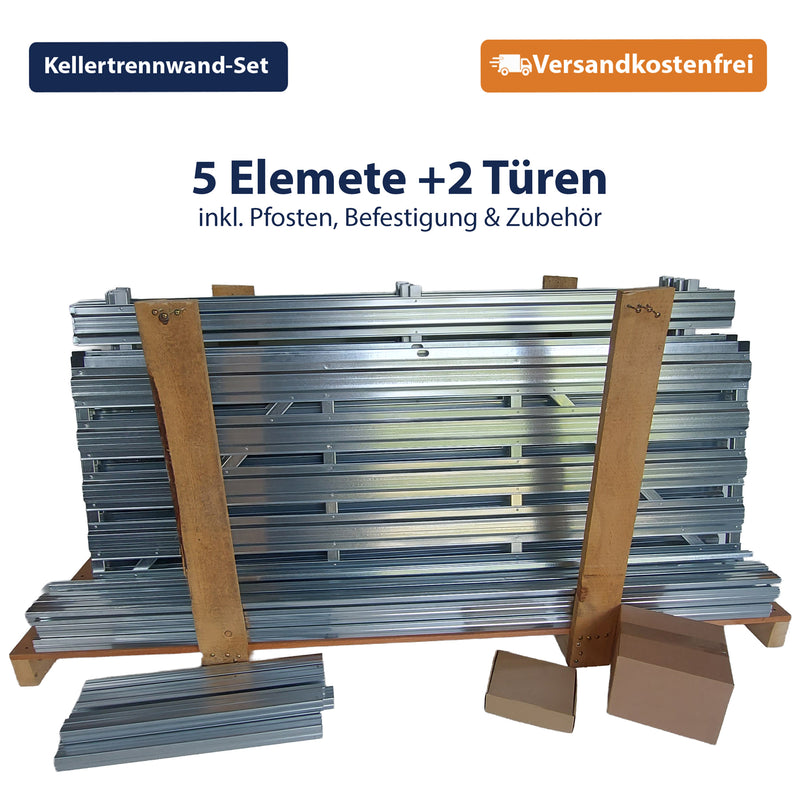 Kellertrennwand-Set aus 5 Lamellen-Elementen plus 2 wählbaren Türen